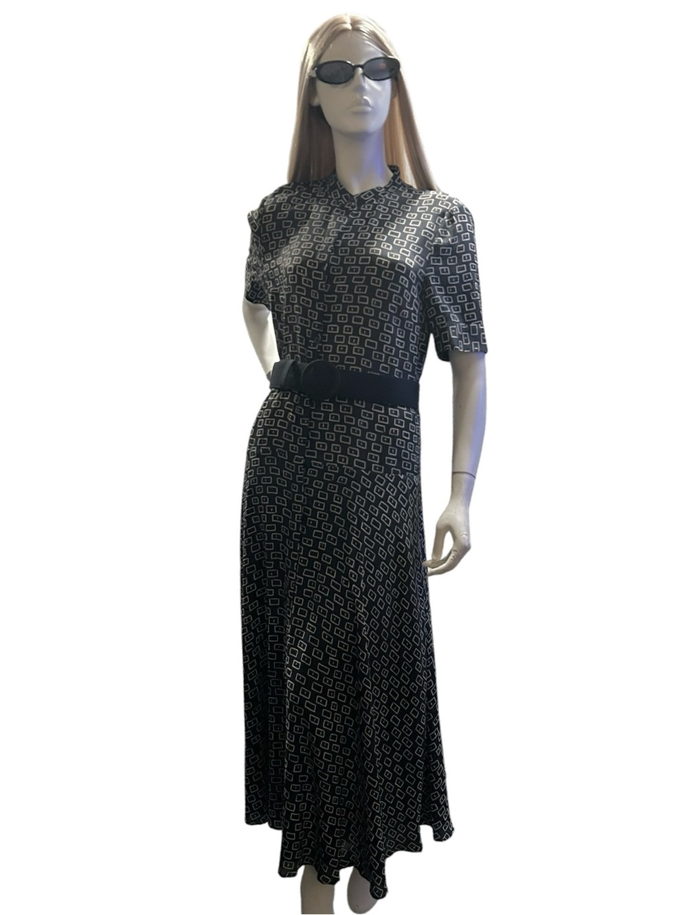 Lafayette 148  NY Black White Silk Blend Geometric Maxi Dress Quiet Luxury Sz M